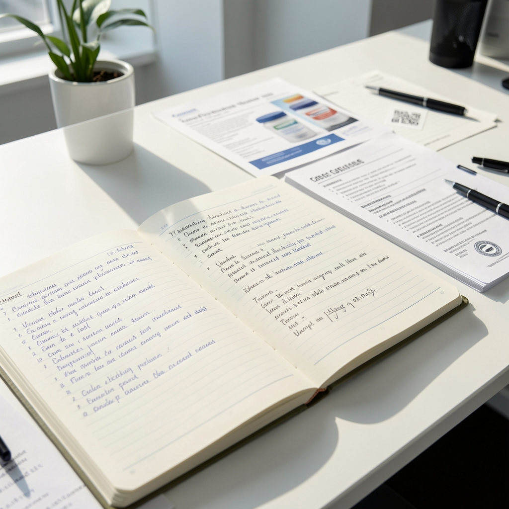 Close-up of open research notebooks with handwritten notes, product documentation printouts, and ingredient certificates spread across a clean office desk under bright daylight