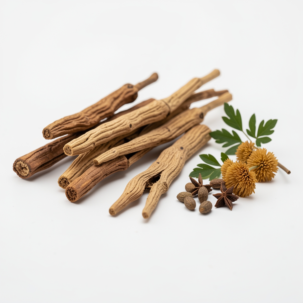 Close-up of dried adaptogenic roots and botanical specimens arranged on a flat white surface under controlled studio lighting, used in natural supplement research