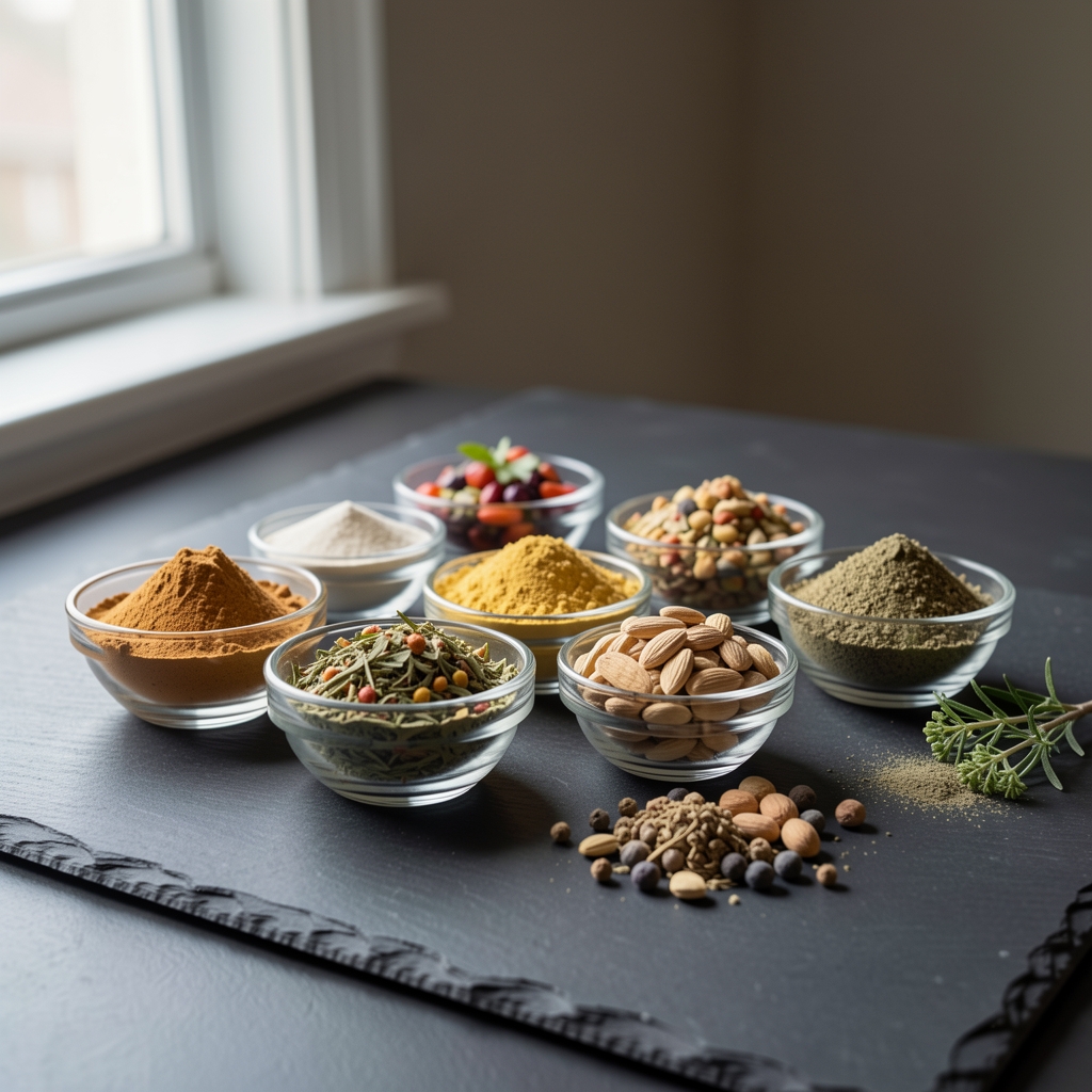 Variety of plant-based supplement powders and extracts in small glass bowls arranged on a dark slate surface with natural lighting from a side window