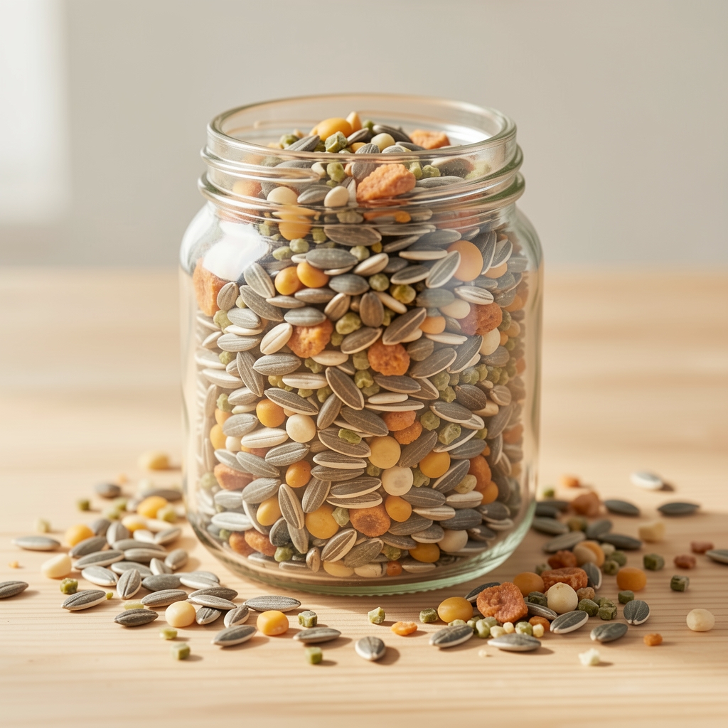 Glass jar filled with mixed seeds including pumpkin, sunflower and hemp seeds on a light wooden surface with scattered whole-food ingredients in soft natural light