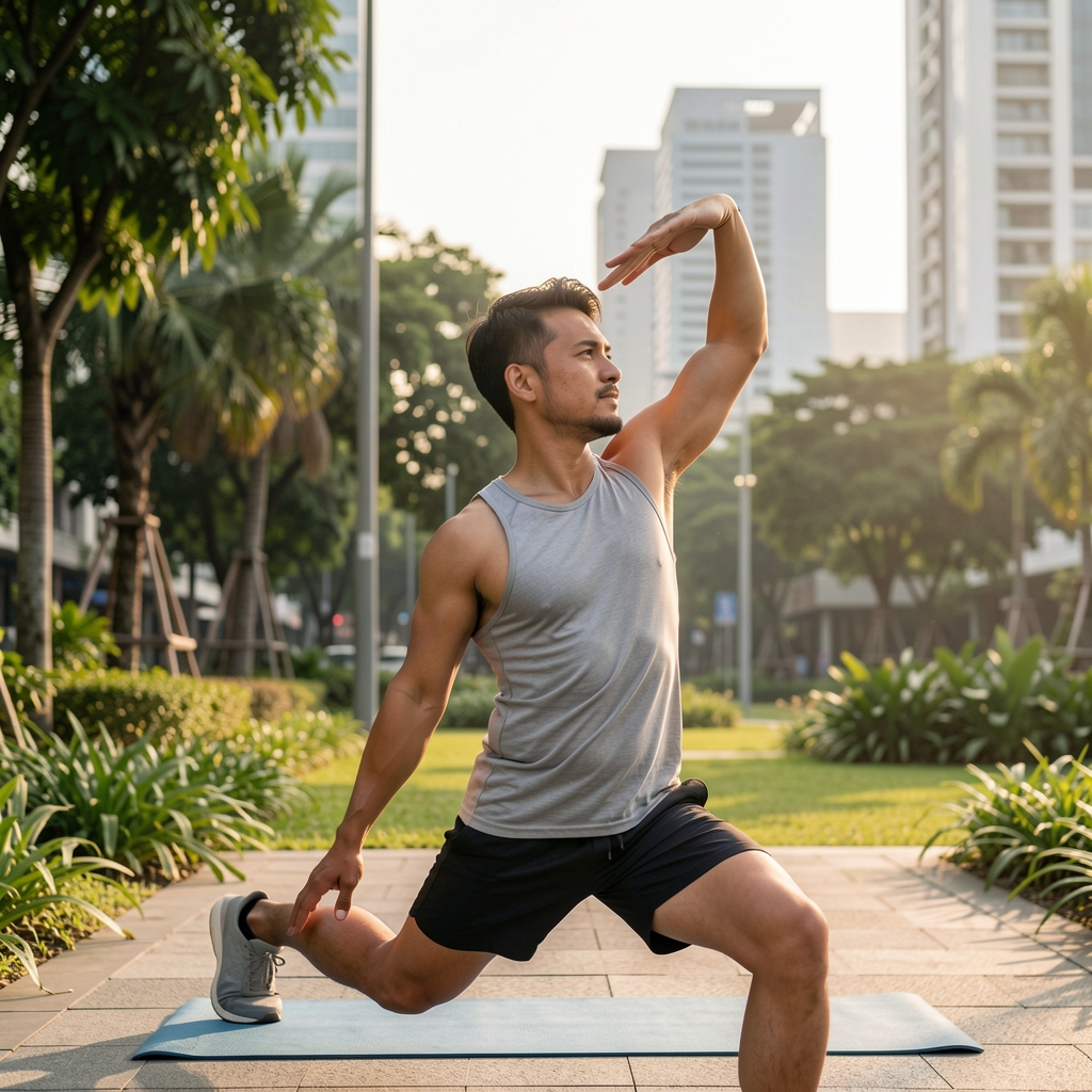 Man stretching outdoors in morning light before an active workout session, wearing minimal athletic wear, surrounded by urban green space in Jakarta