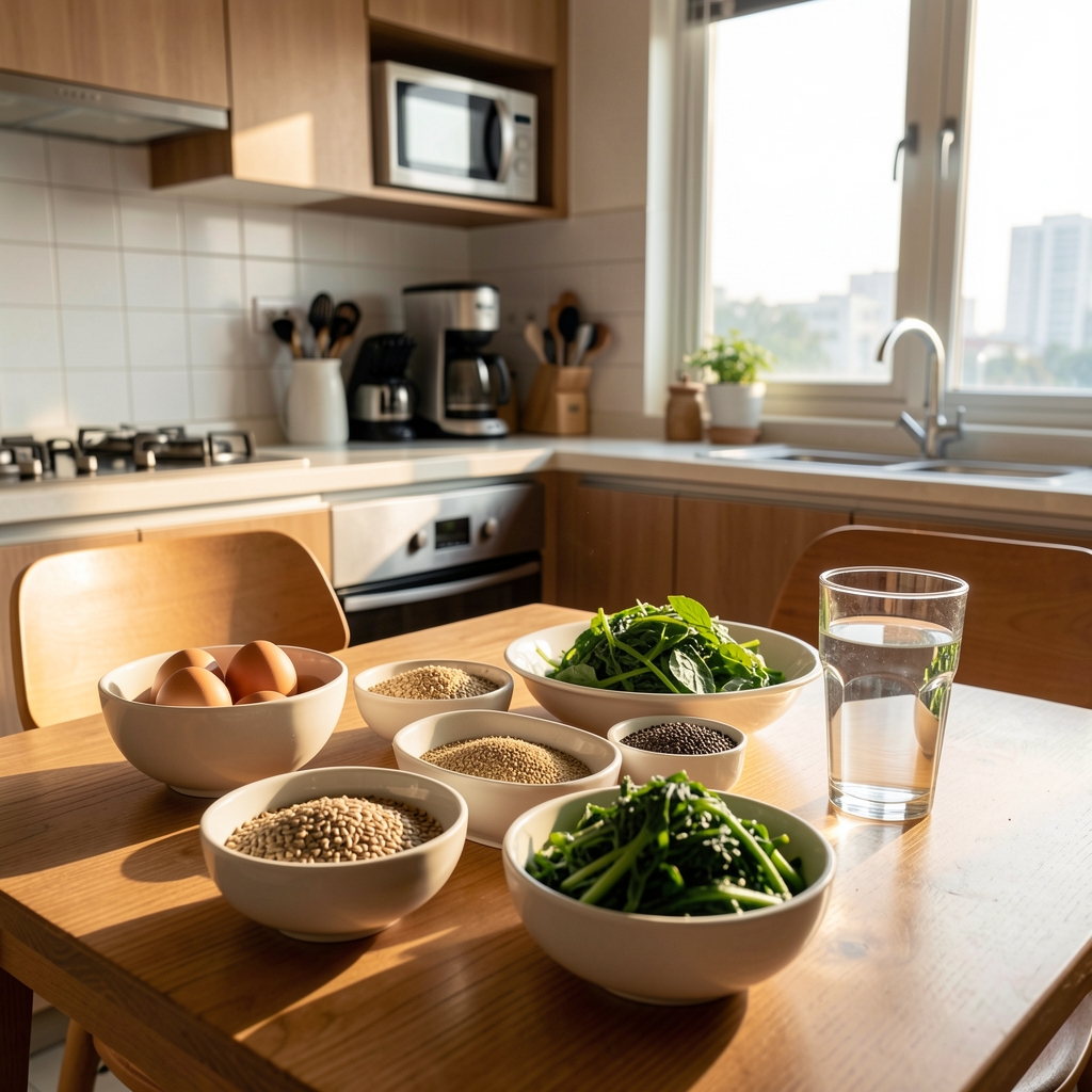 Morning light falling across a breakfast table set with whole-food items including eggs, seeds, green vegetables and a glass of water in a Jakarta apartment kitchen