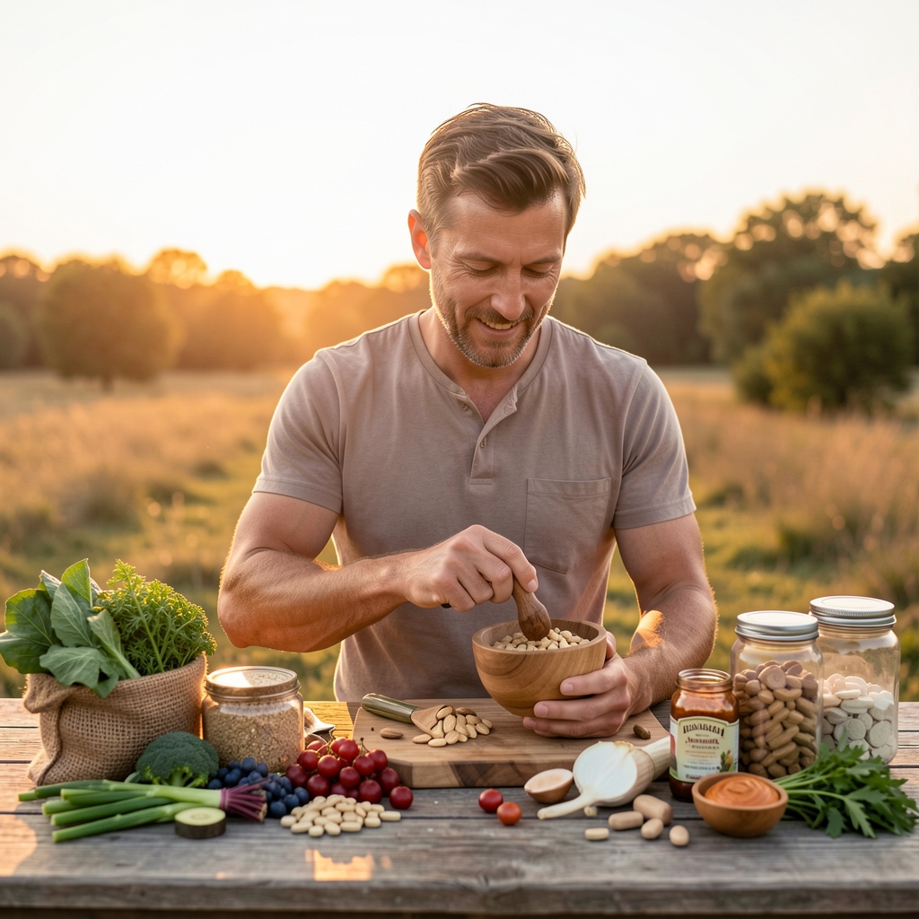 Active man outdoors at sunrise preparing morning nutrition routine, surrounded by natural plant-based supplement ingredients on a wooden surface in warm light